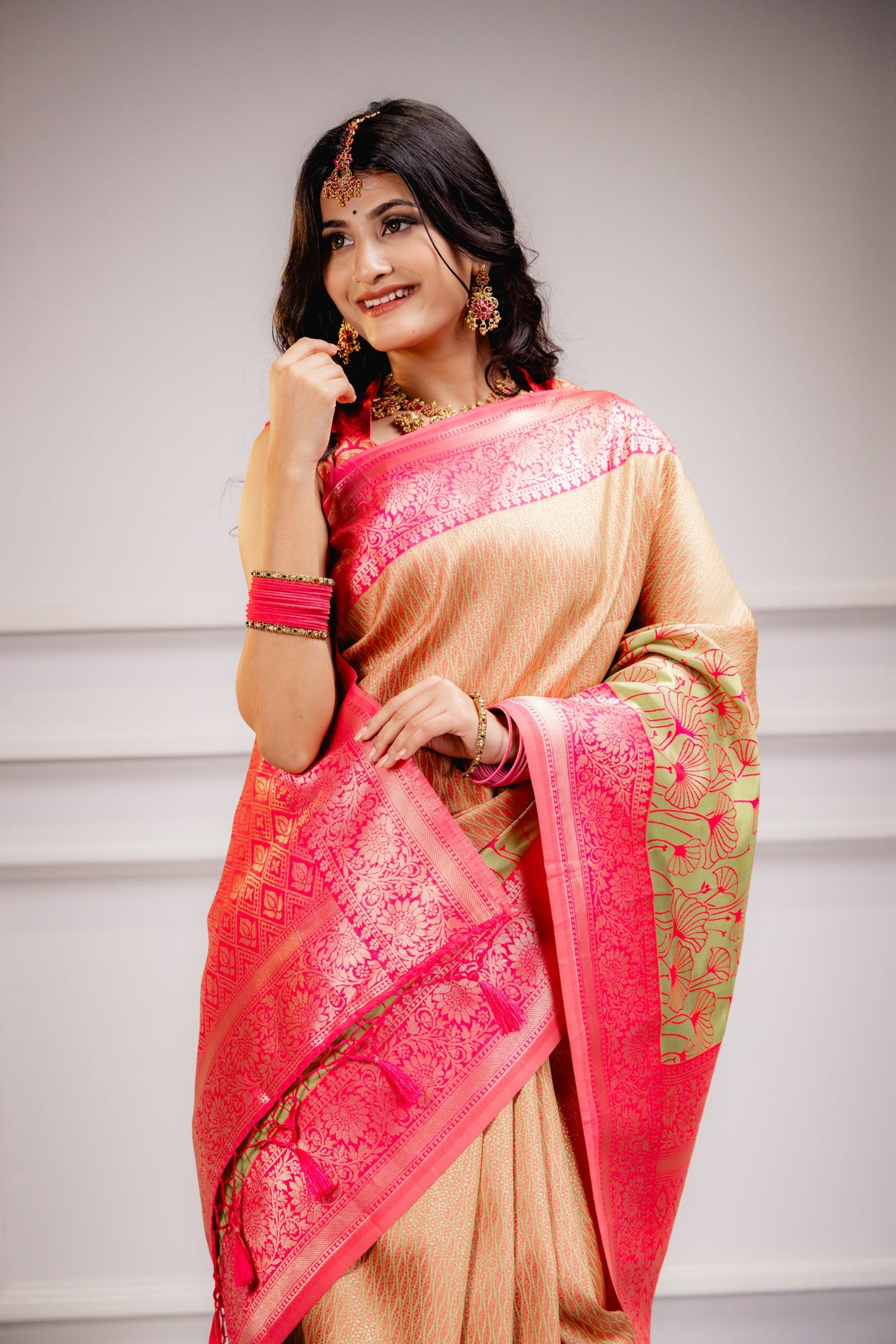 Yellow Pink Pure Soft Silk Saree With Engrossing Blouse Piece (Copy)