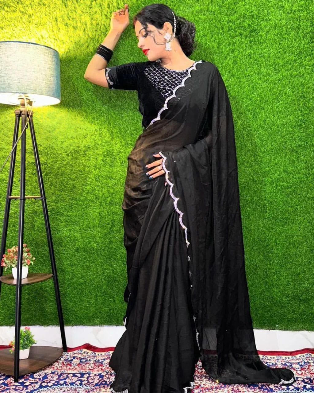 Black Womens Satin Collection Saree With Blouse Piece