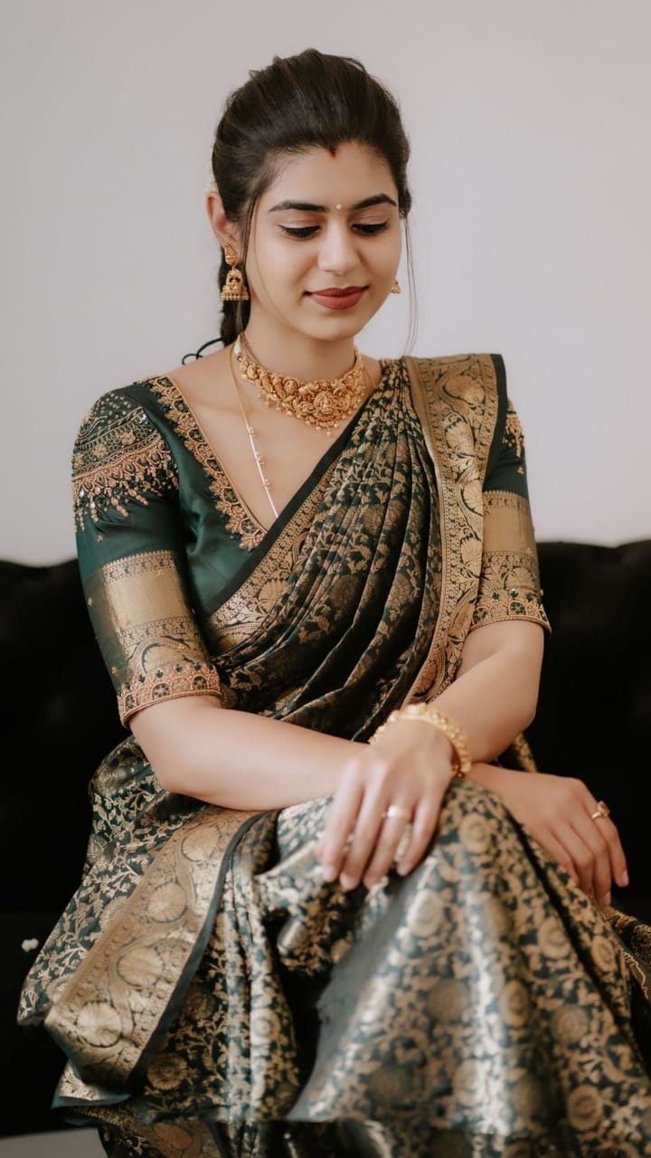 Green Kanjivaram Pure Soft Semi Silk Saree With Unstiched Attractive Blouse Piece