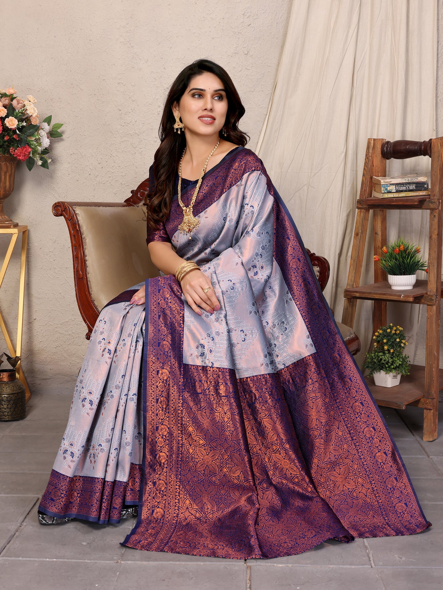 Grey-Neavy Blue Pure Soft Banarasi Silk Saree With Engrossing Blouse Piece