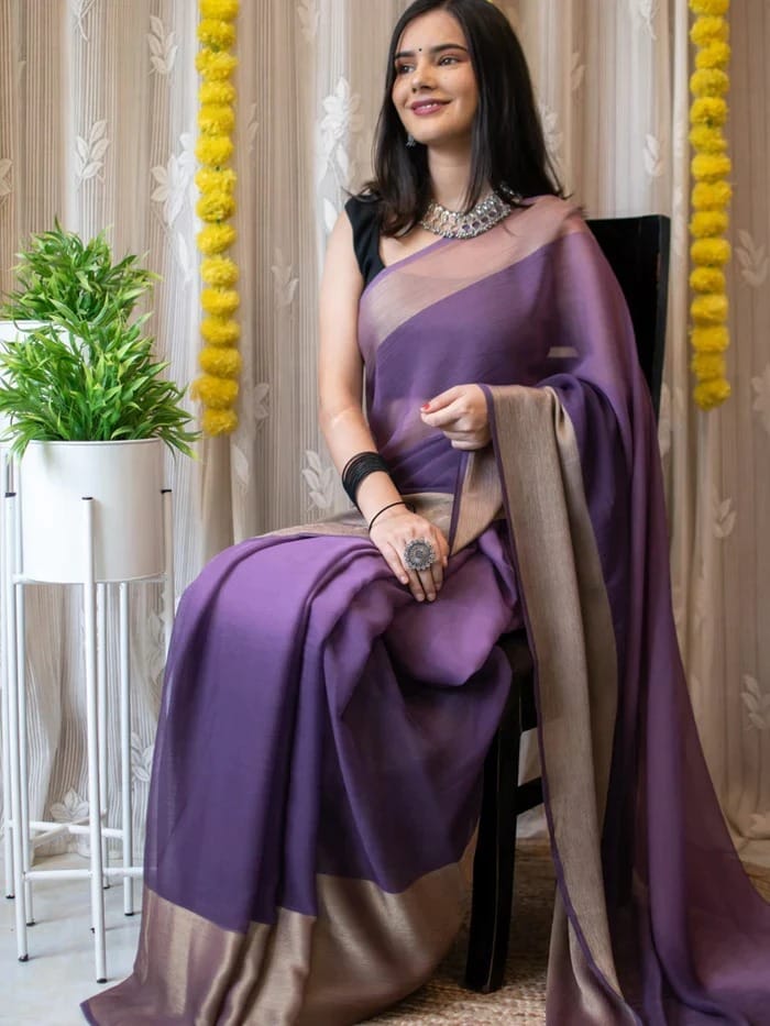 Lavender Ready to Wear Chiffon Saree With Unstitched Blouse Piece