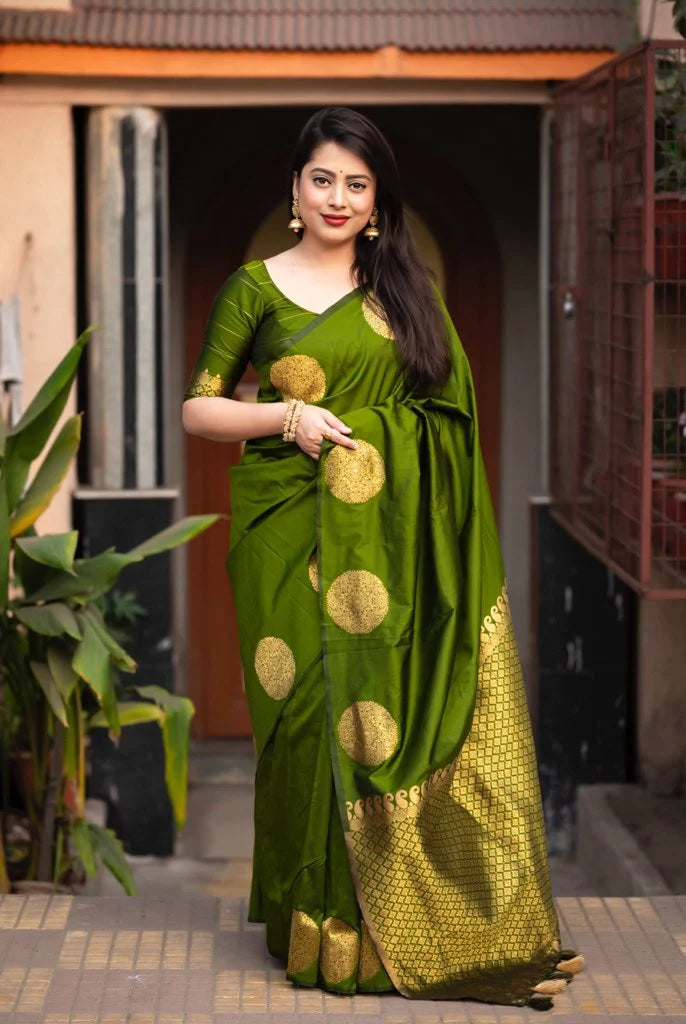 Mehendi Banarasi Pure Soft Semi Silk Saree With Unstiched Attractive Blouse Piece