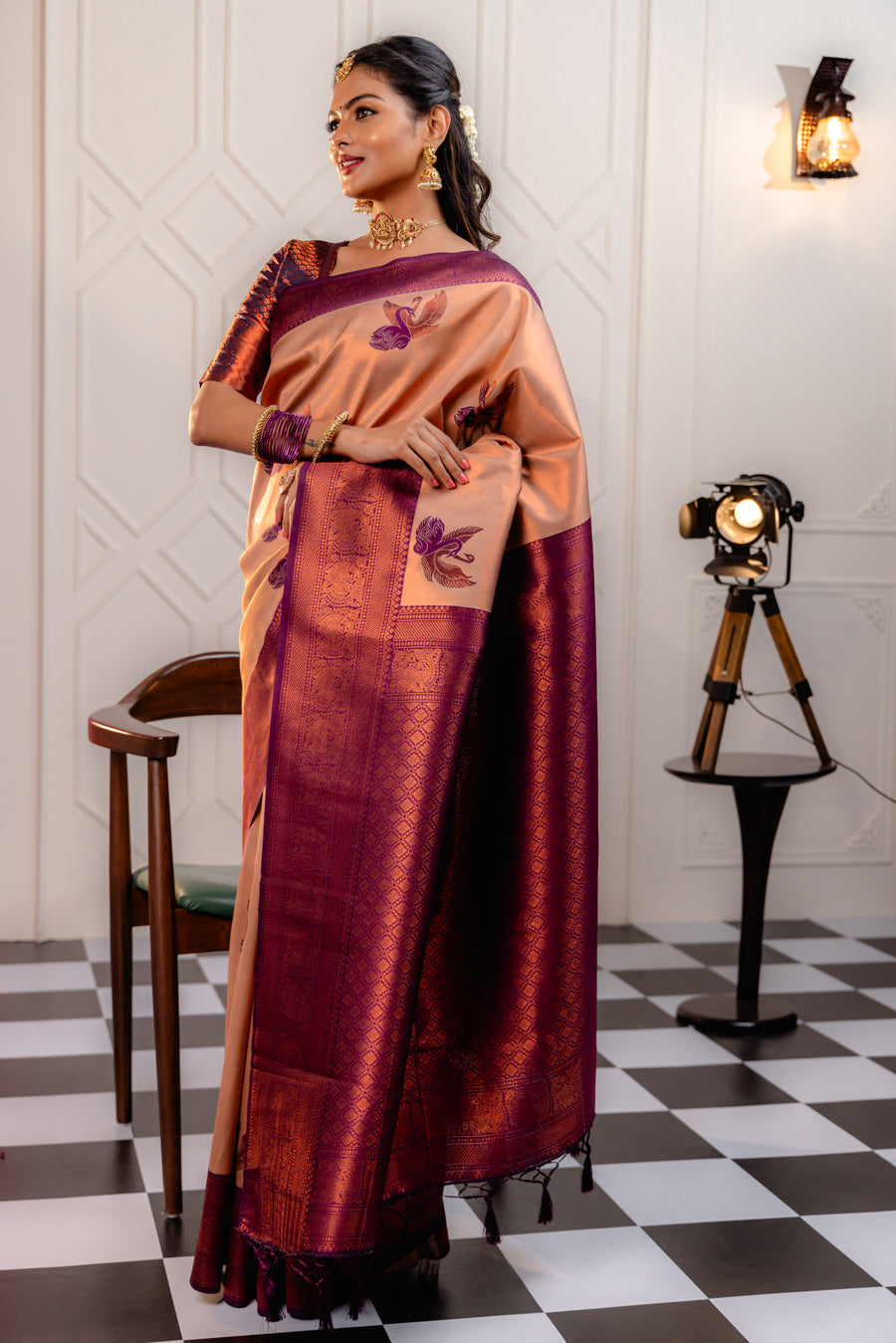 Wine-Cream Pure Soft Silk Saree With Engrossing Blouse Piece
