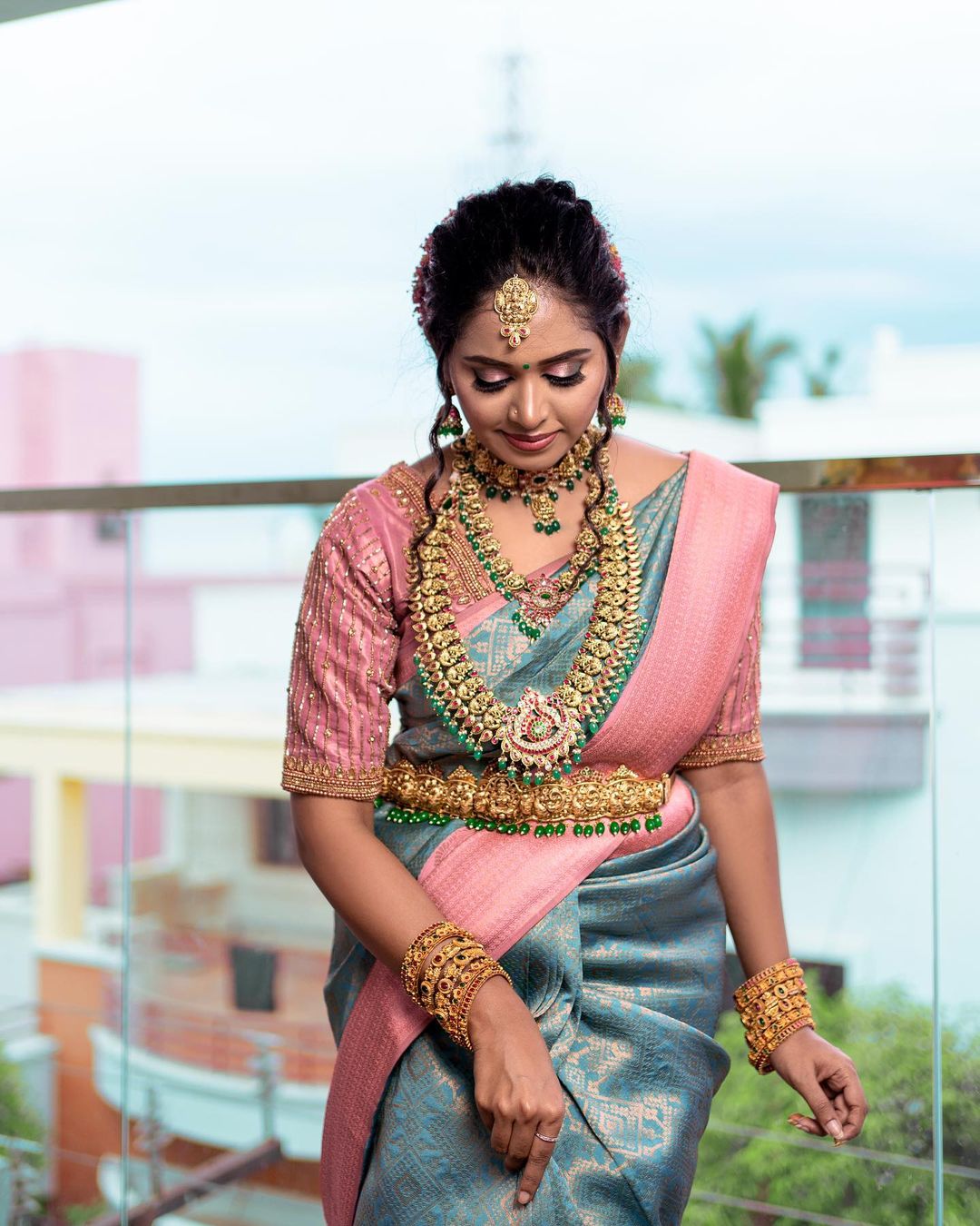 Sky & Pink Kanjivaram Pure Soft Semi Silk Saree With Unstiched Attractive Blouse Piece
