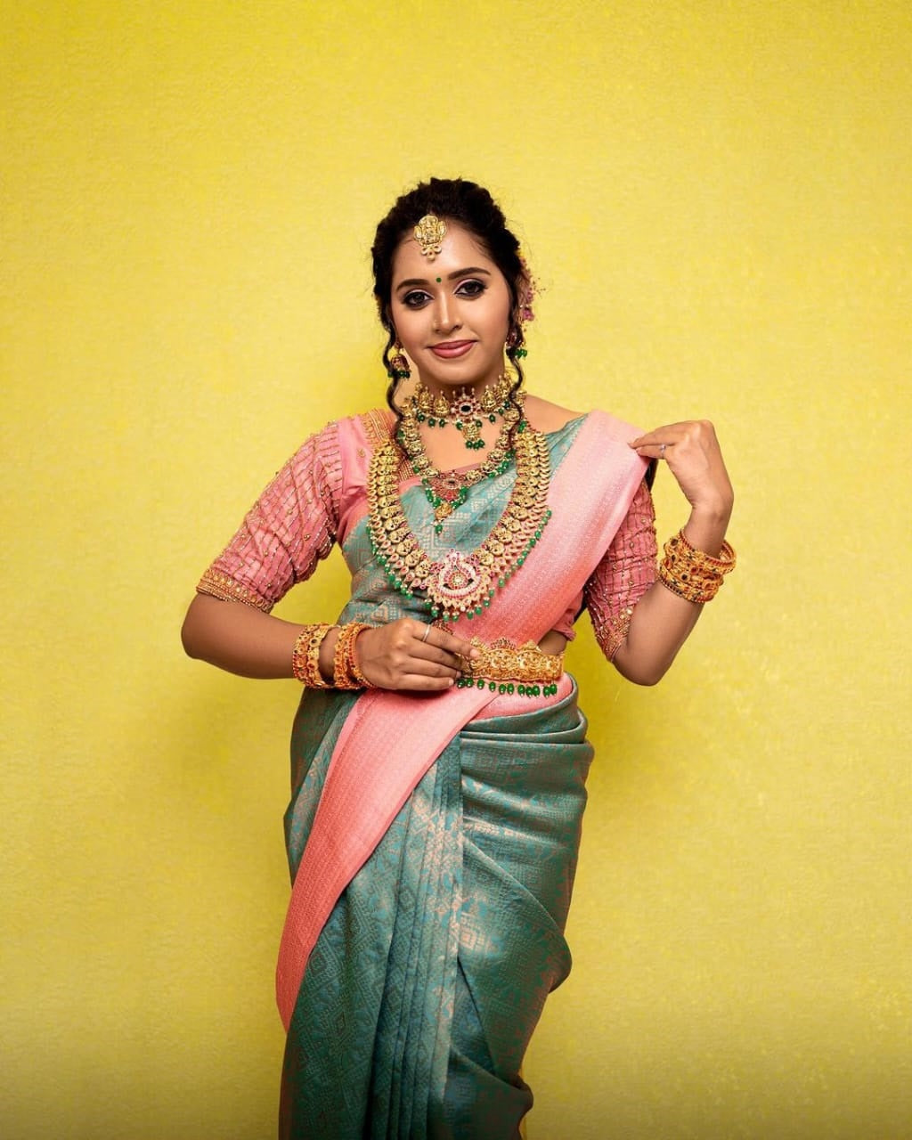Sky & Pink Kanjivaram Pure Soft Semi Silk Saree With Unstiched Attractive Blouse Piece