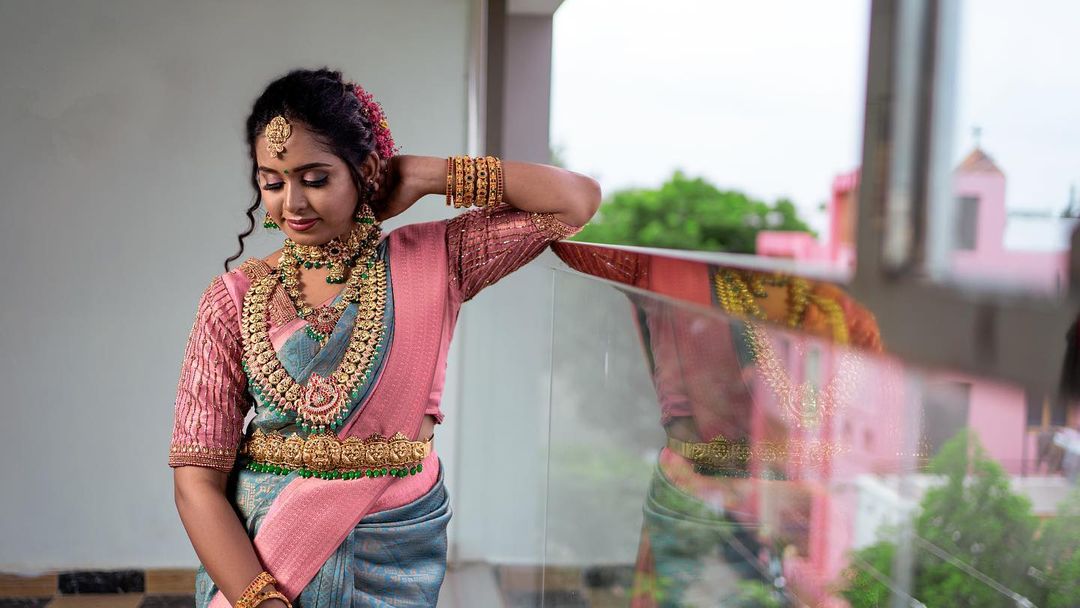 Sky & Pink Kanjivaram Pure Soft Semi Silk Saree With Unstiched Attractive Blouse Piece