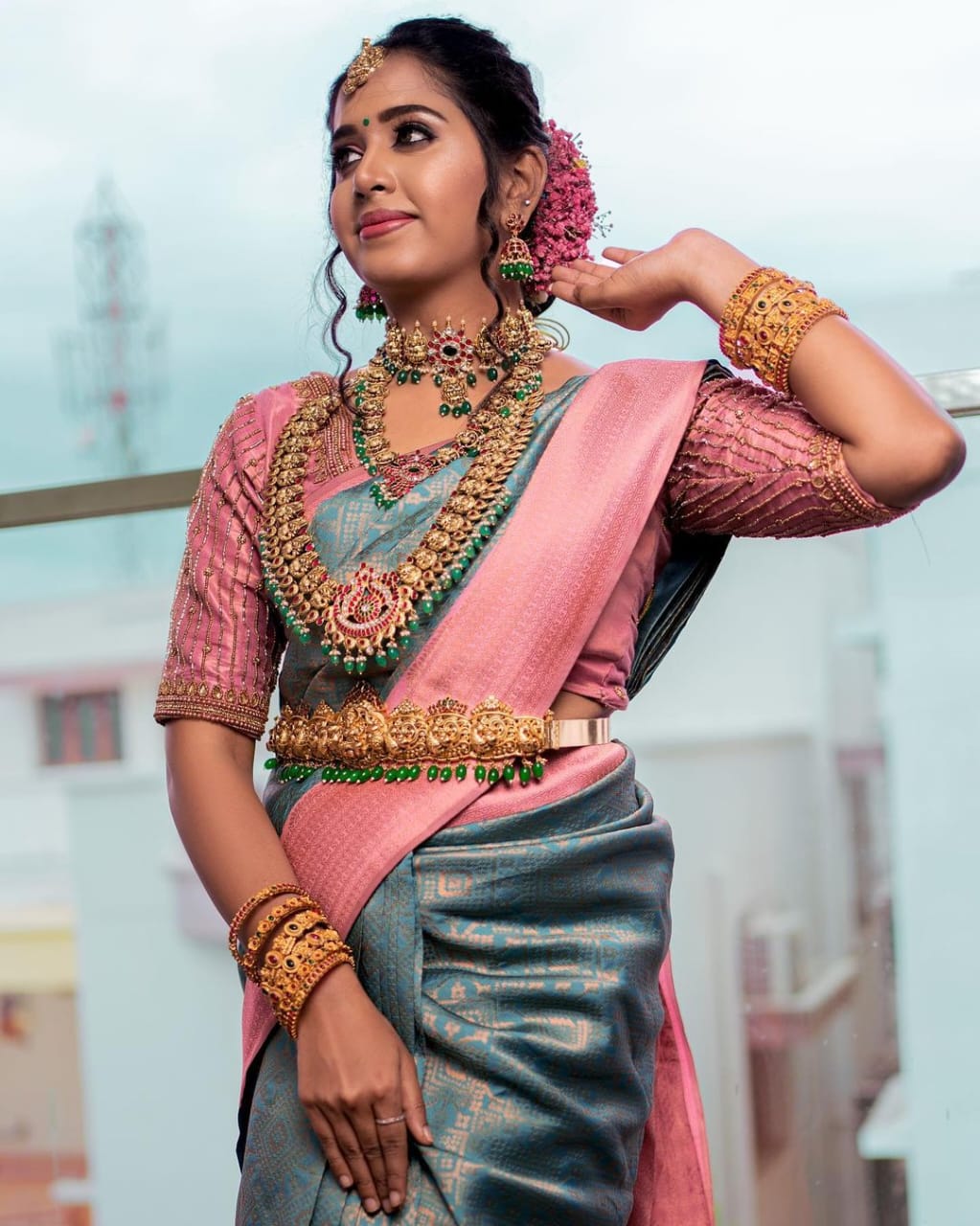 Sky & Pink Kanjivaram Pure Soft Semi Silk Saree With Unstiched Attractive Blouse Piece