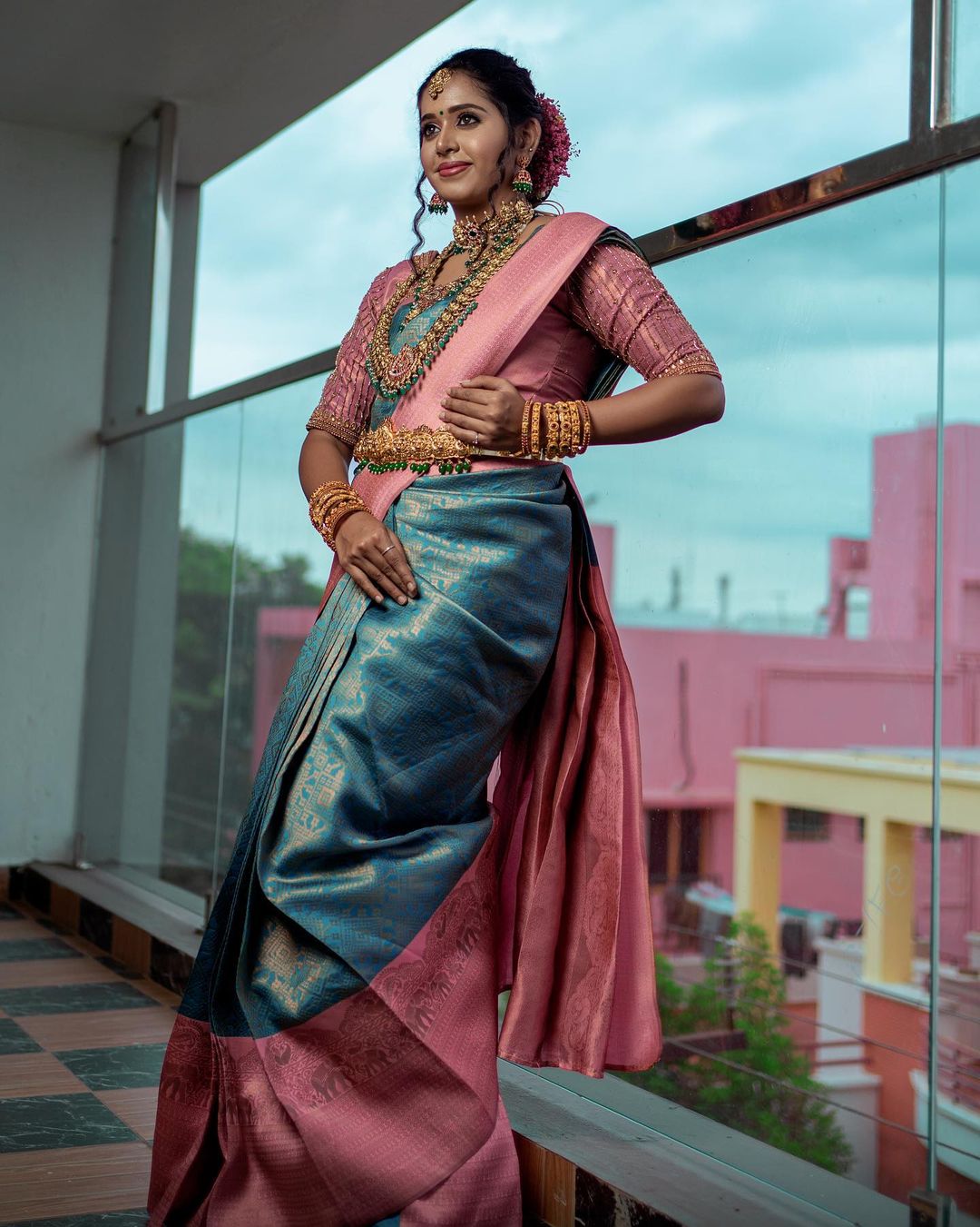 Sky & Pink Kanjivaram Pure Soft Semi Silk Saree With Unstiched Attractive Blouse Piece
