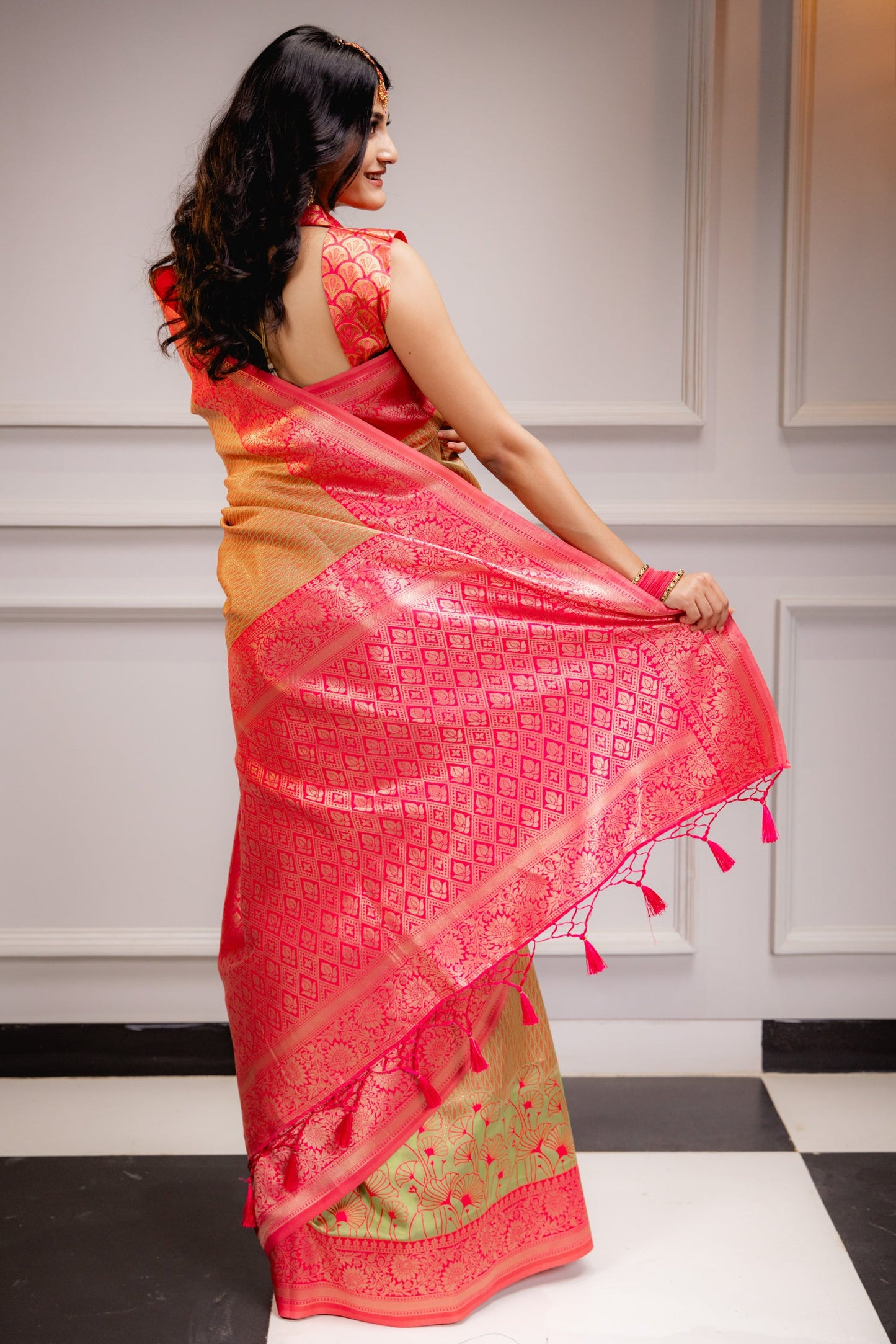 Yellow Pink Pure Soft Silk Saree With Engrossing Blouse Piece (Copy)