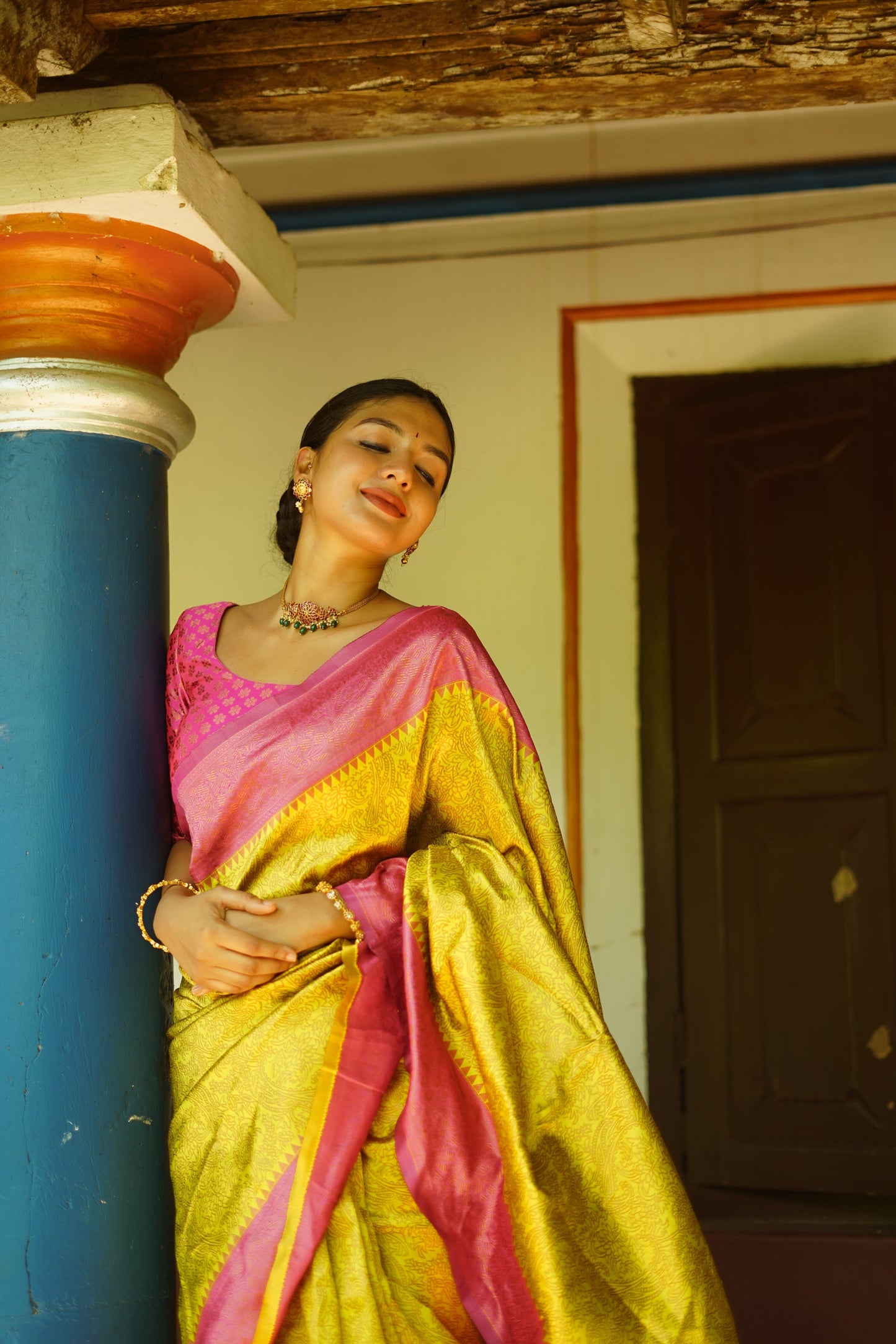 Lime Pure Soft Silk Saree With Twirling Blouse Piece