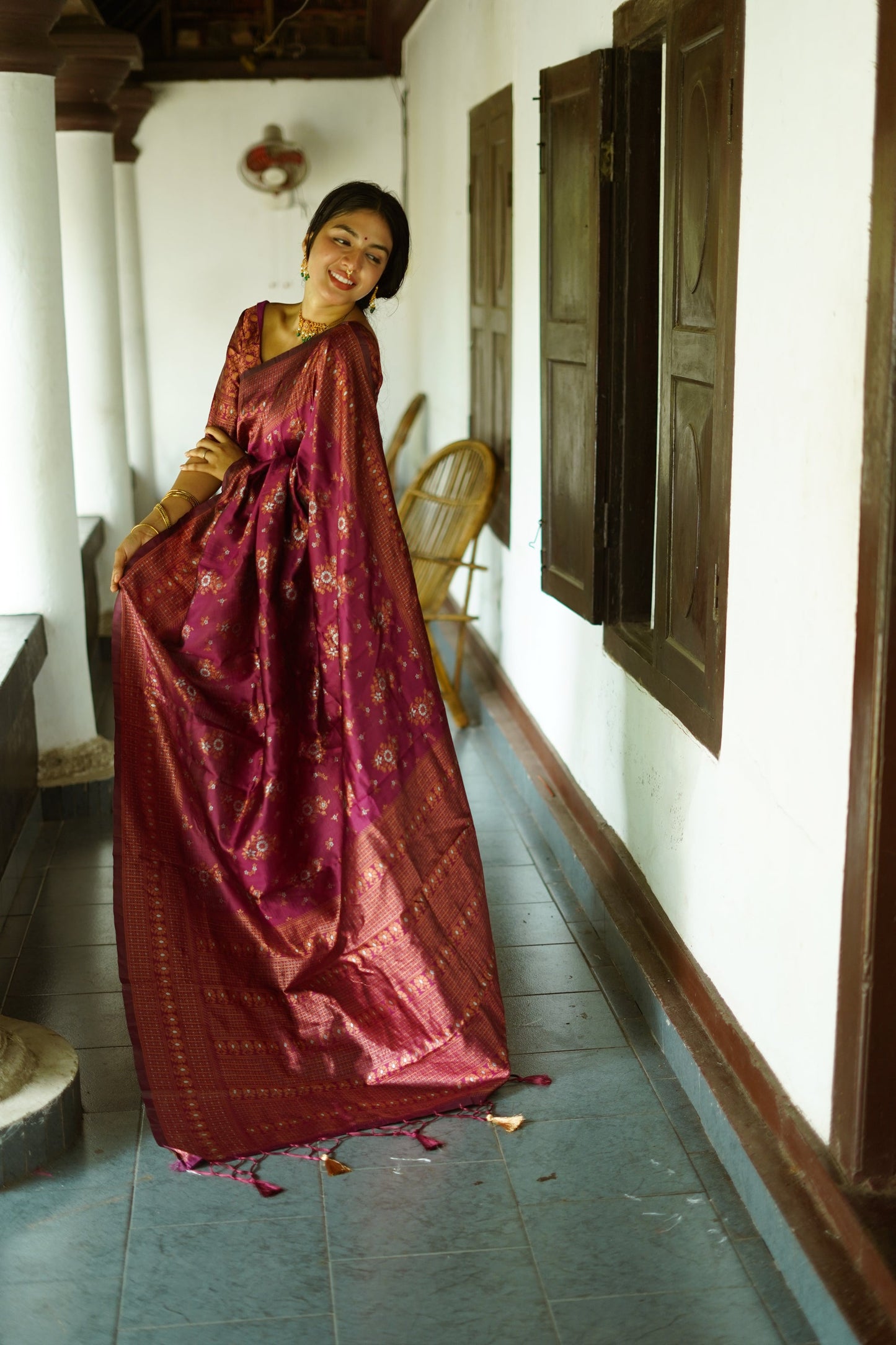 Wine Pure Soft Silk Saree With Twirling Blouse Piece