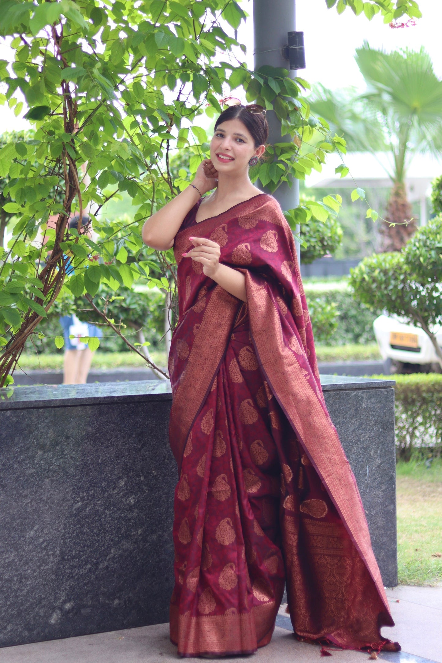 Maroon Soft Satin Silk Saree With Demure Blouse Piece