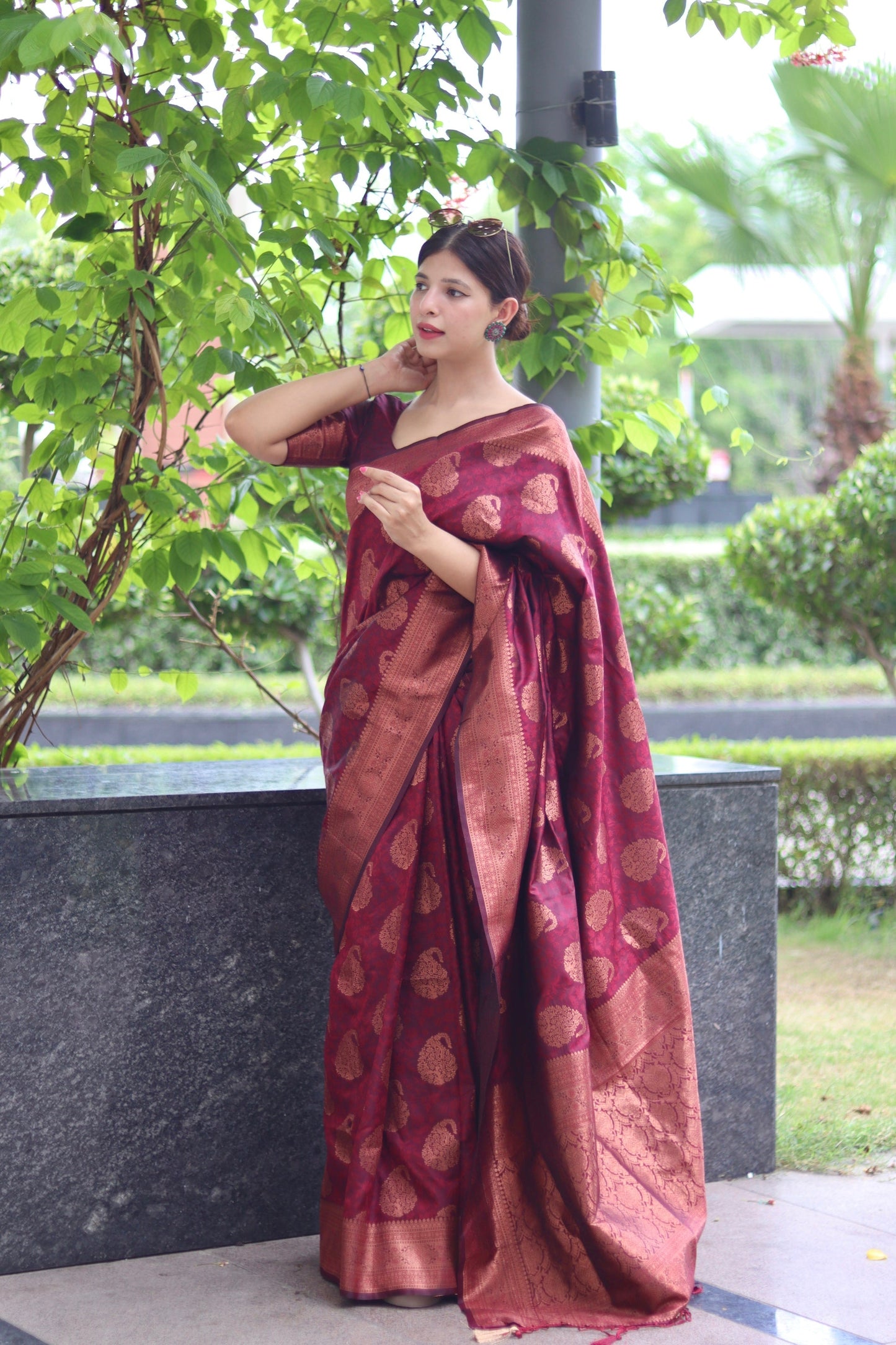 Maroon Soft Satin Silk Saree With Demure Blouse Piece