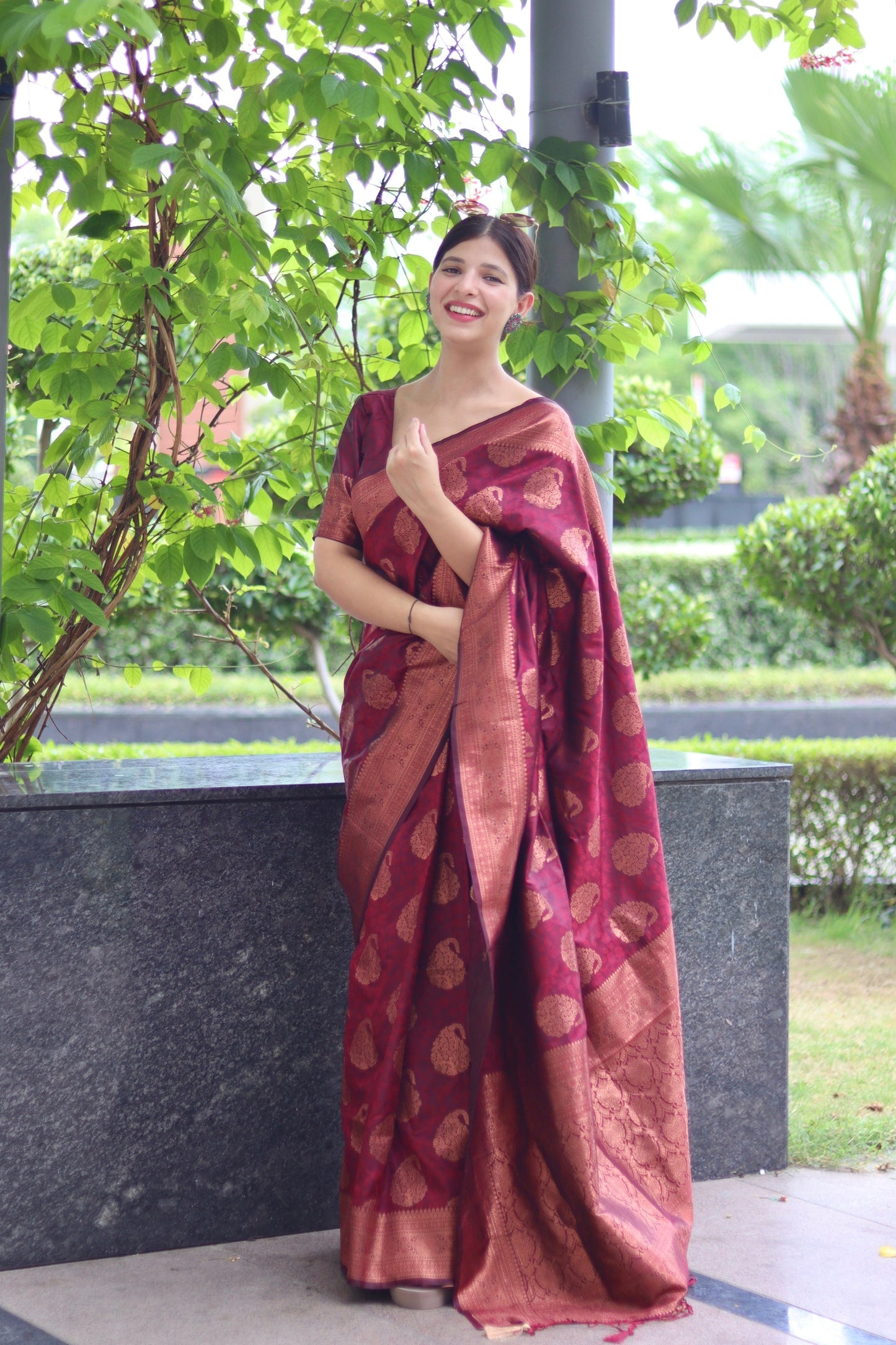 Maroon Soft Satin Silk Saree With Demure Blouse Piece
