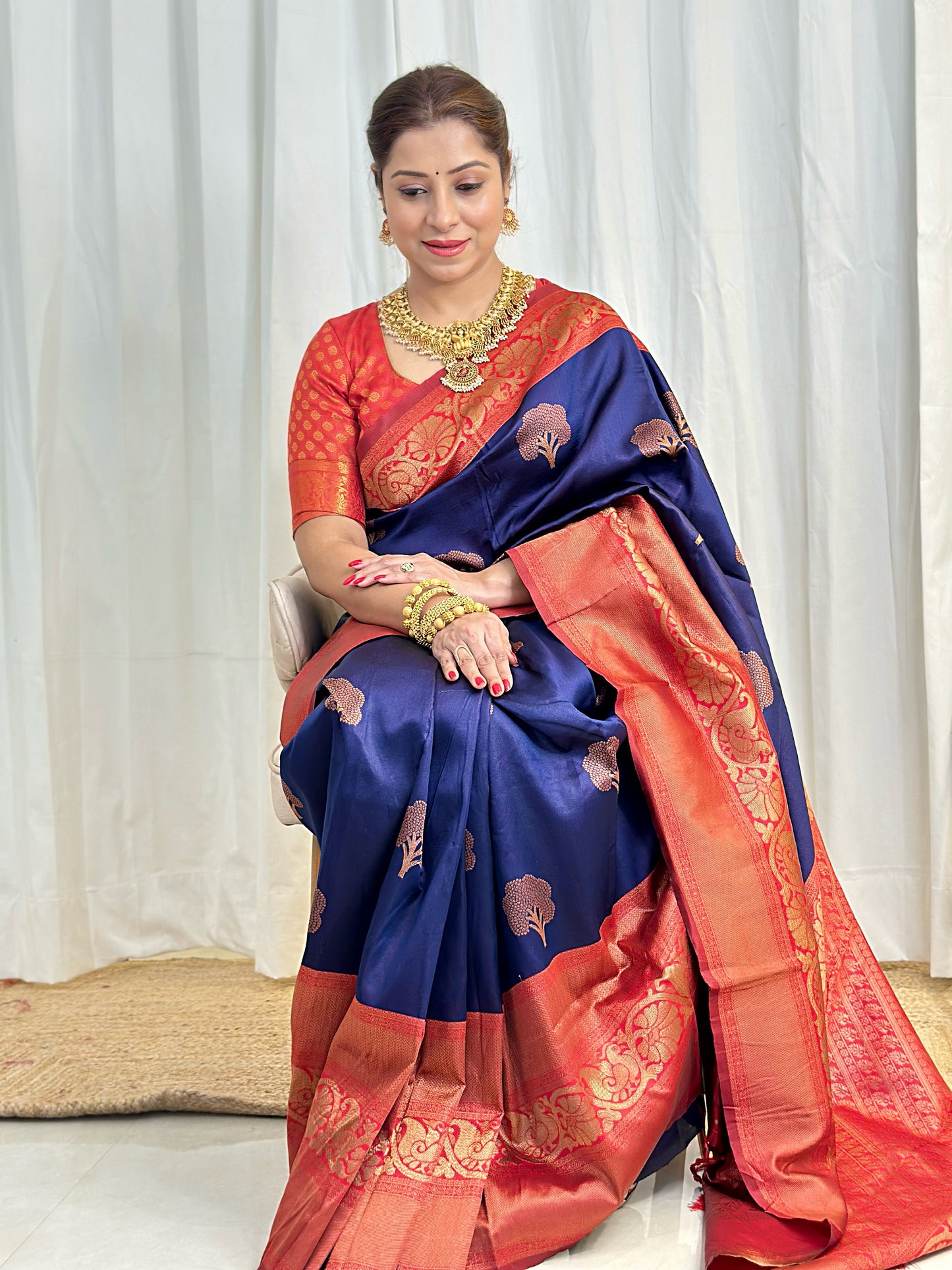 Navy Blue Pure Soft Semi-Silk Saree Stylish Blouse Piece
