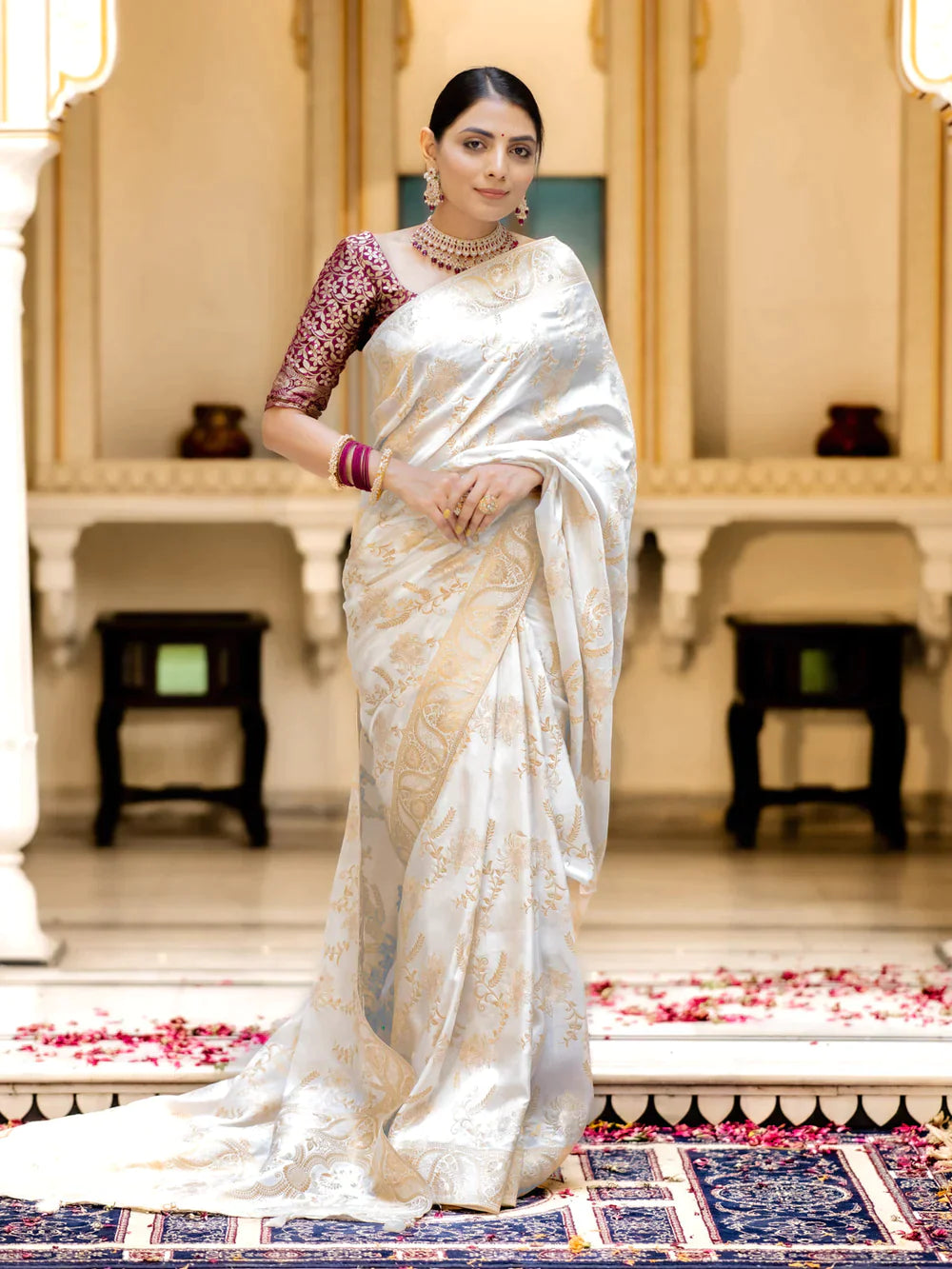 Pure Semi Silk Saree Weaved With Copper Zari Comes With Heavy Banarasi Brocade Blouse