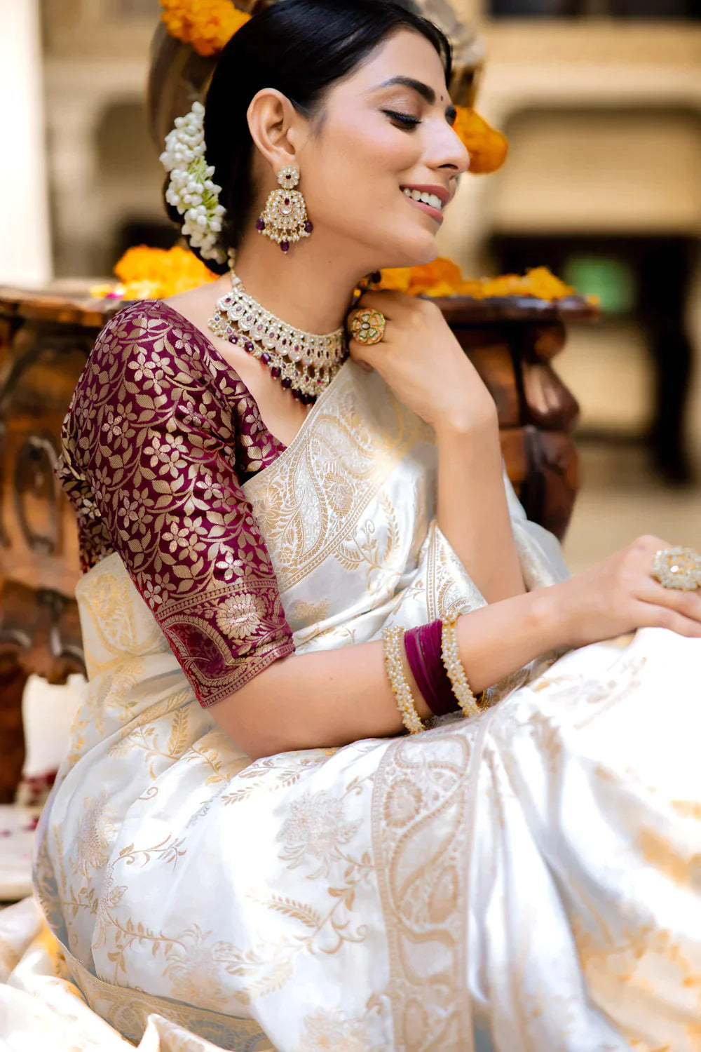 Pure Semi Silk Saree Weaved With Copper Zari Comes With Heavy Banarasi Brocade Blouse