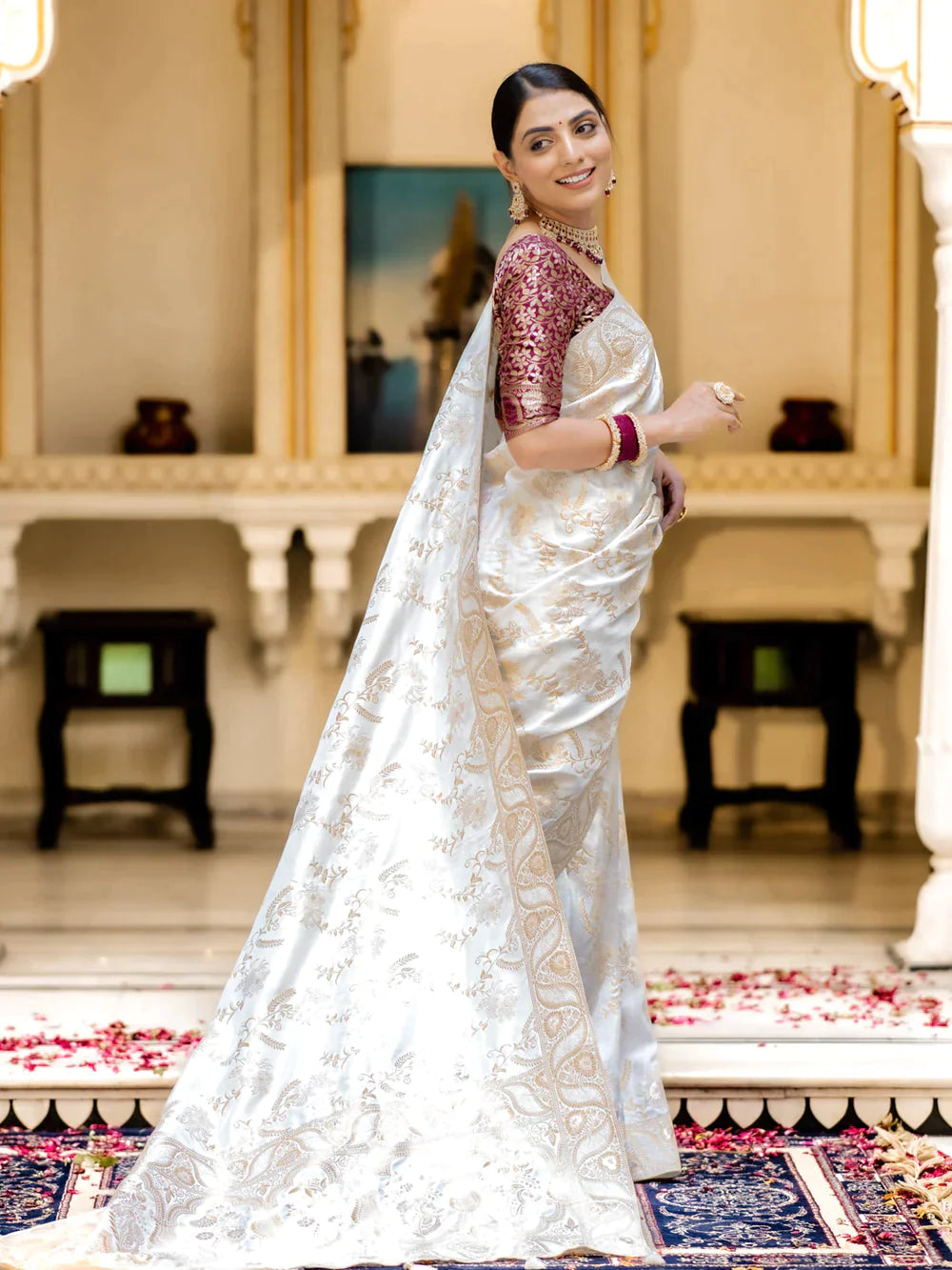 Pure Semi Silk Saree Weaved With Copper Zari Comes With Heavy Banarasi Brocade Blouse