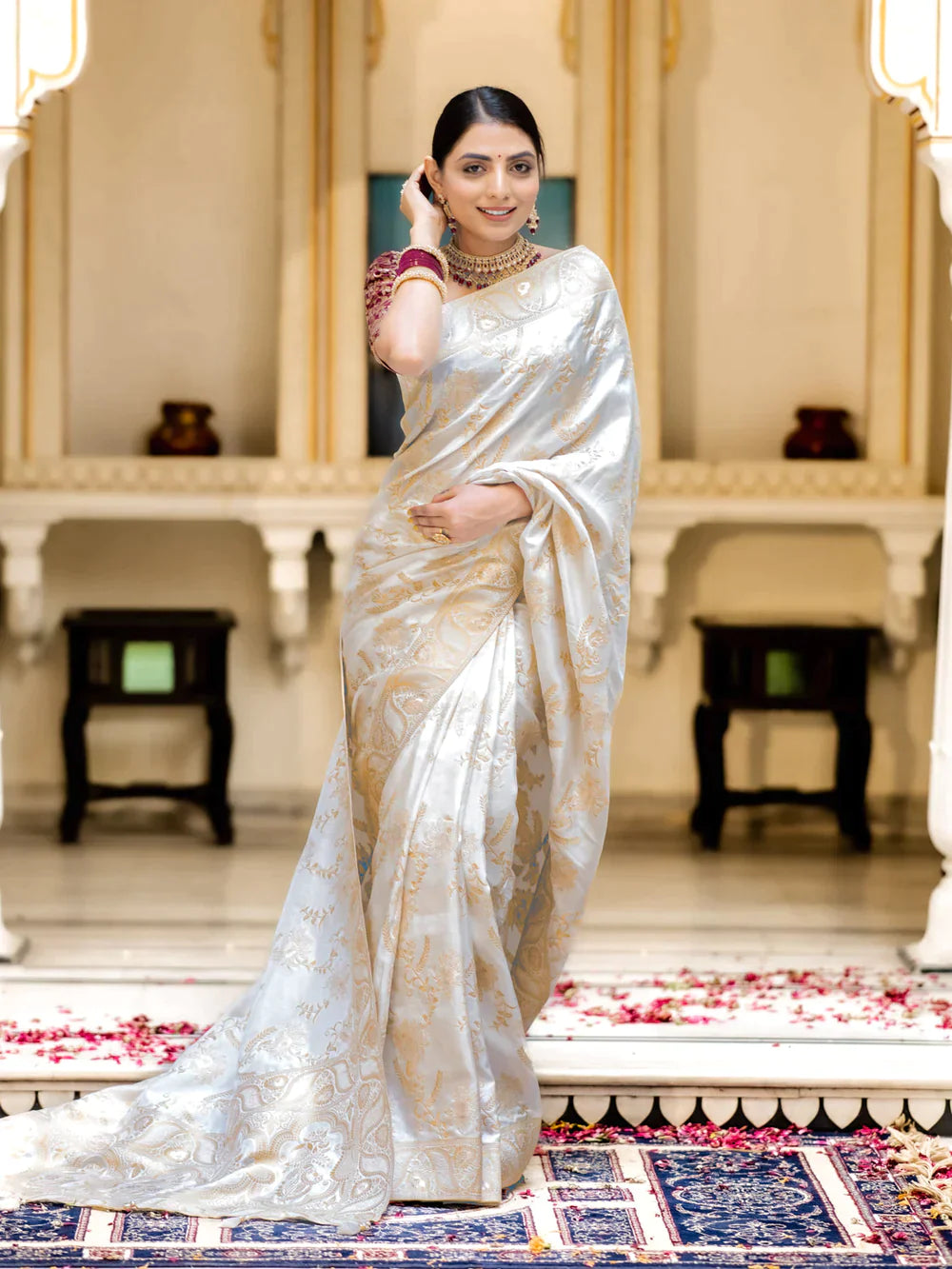 Pure Semi Silk Saree Weaved With Copper Zari Comes With Heavy Banarasi Brocade Blouse