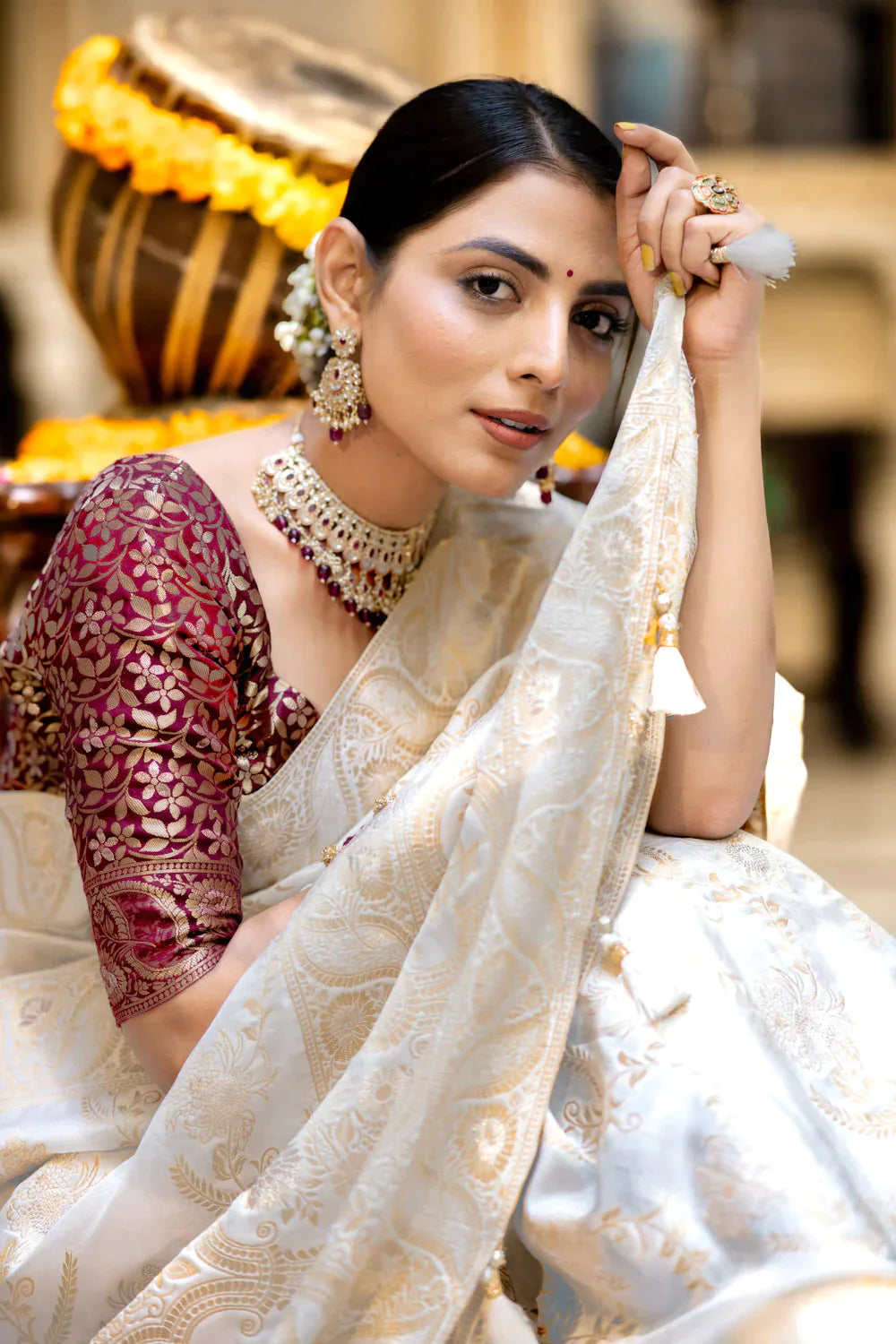 Pure Semi Silk Saree Weaved With Copper Zari Comes With Heavy Banarasi Brocade Blouse