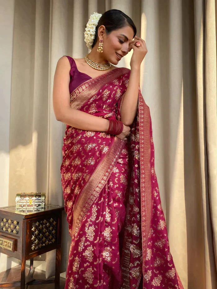 Wine Pure Soft Silk Saree With Twirling Blouse Piece