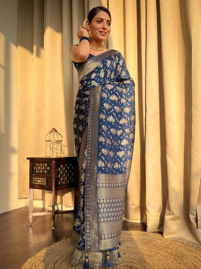 Blue Pure Soft Silk Saree With Twirling Blouse Piece