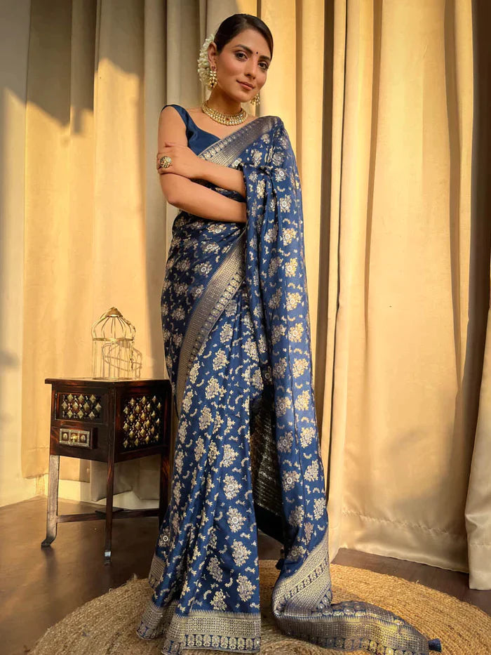 Blue Pure Soft Silk Saree With Twirling Blouse Piece