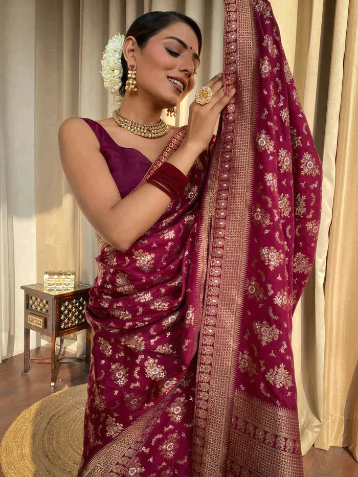 Wine Pure Soft Silk Saree With Twirling Blouse Piece