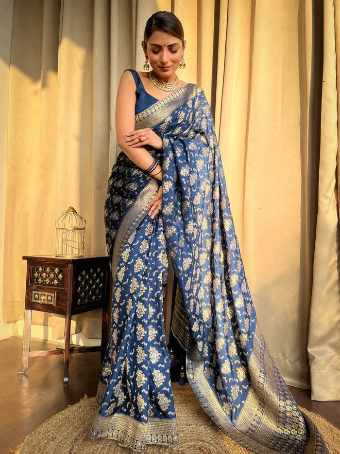 Blue Pure Soft Silk Saree With Twirling Blouse Piece