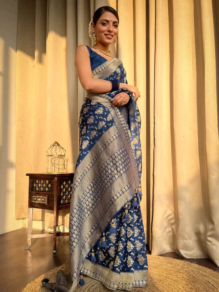 Blue Pure Soft Silk Saree With Twirling Blouse Piece