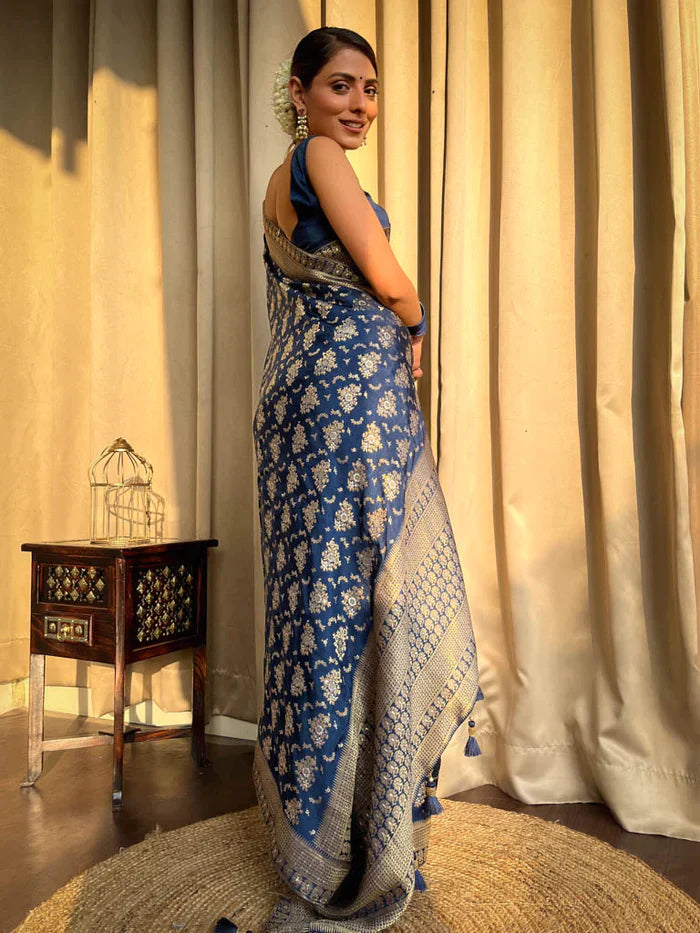 Blue Pure Soft Silk Saree With Twirling Blouse Piece
