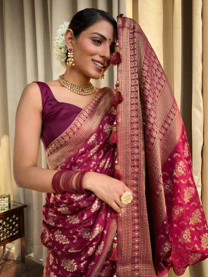 Wine Pure Soft Silk Saree With Twirling Blouse Piece