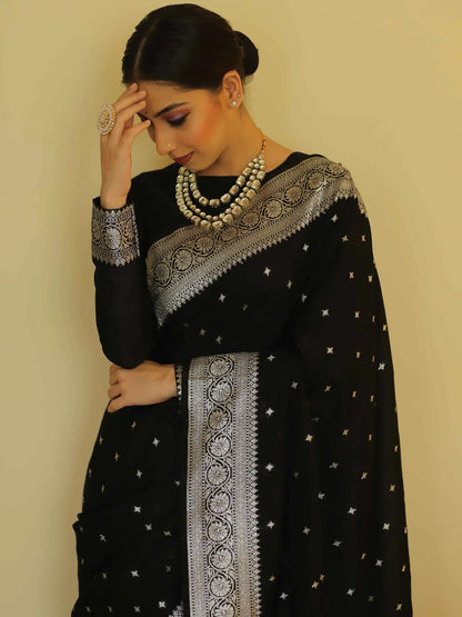 Black Banarasi Pure Soft Semi Silk Saree With Unstiched Attractive Blouse Piece