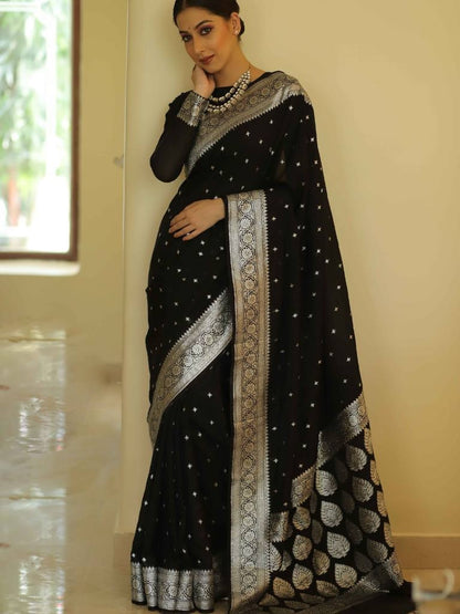 Black Banarasi Pure Soft Semi Silk Saree With Unstiched Attractive Blouse Piece