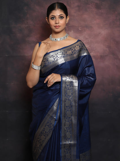 Blue Banarasi Pure Soft Semi Silk Saree With Unstiched Attractive Blouse Piece