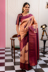 Wine-Cream Pure Soft Silk Saree With Engrossing Blouse Piece