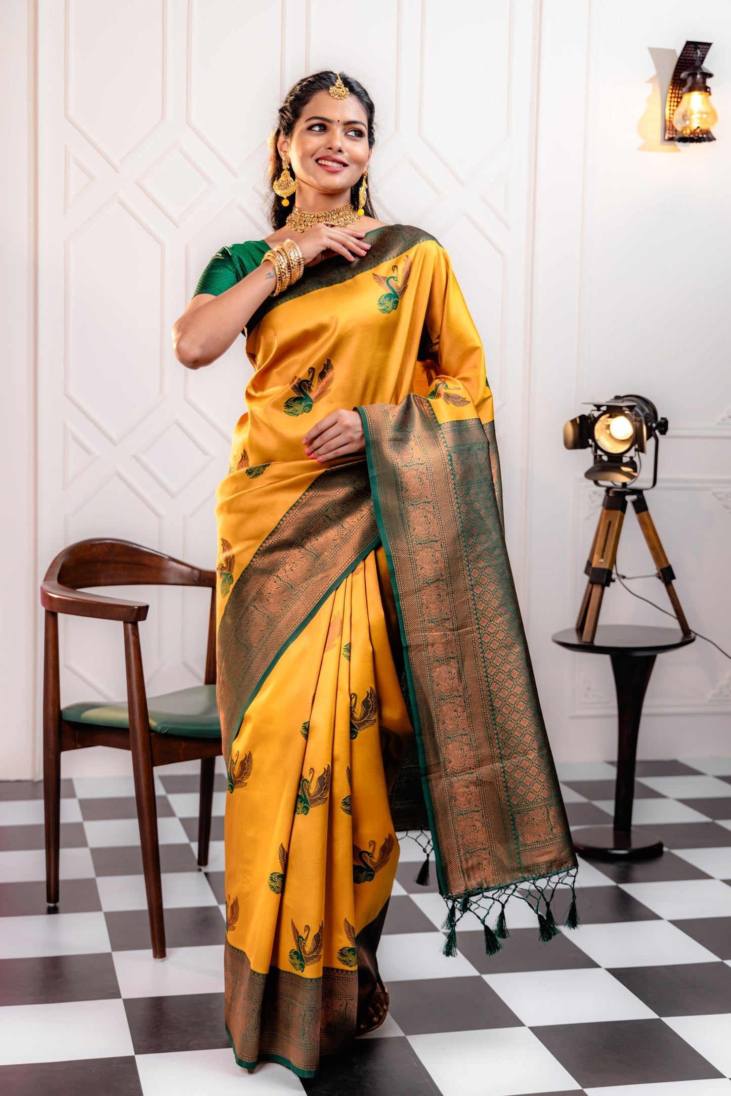 B.Green-Gold Pure Soft Silk Saree With Engrossing Blouse Piece