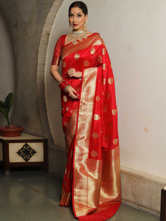 Red Banarasi Pure Soft Semi Silk Saree With Unstiched Attractive Blouse Piece