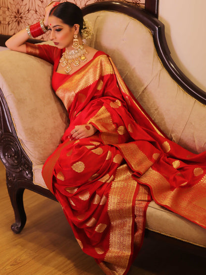 Red Banarasi Pure Soft Semi Silk Saree With Unstiched Attractive Blouse Piece