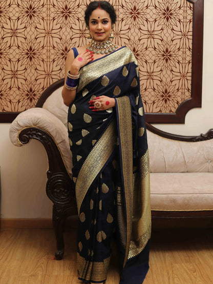 Blue Banarasi Pure Soft Semi Silk Saree With Unstiched Attractive Blouse Piece