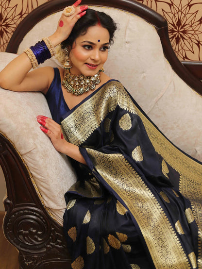 Blue Banarasi Pure Soft Semi Silk Saree With Unstiched Attractive Blouse Piece