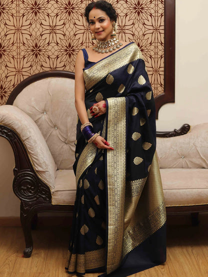 Blue Banarasi Pure Soft Semi Silk Saree With Unstiched Attractive Blouse Piece