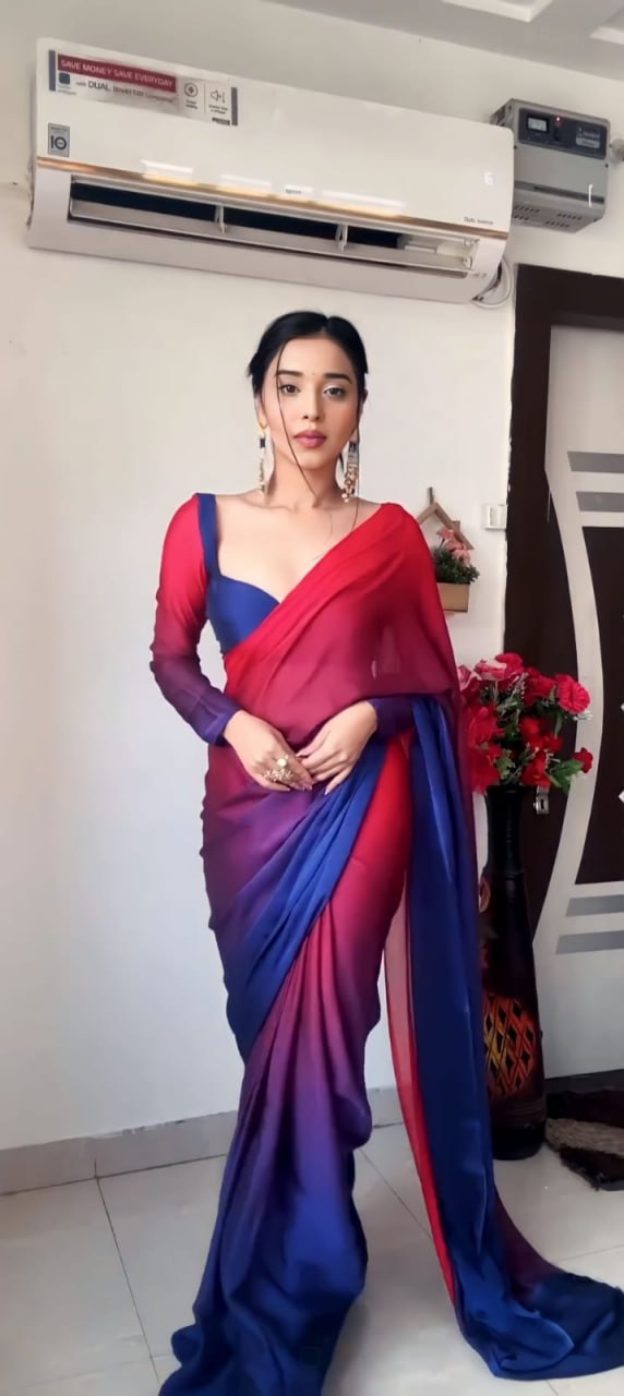 Blue Red Ready to Wear Georgette Saree With Unstitched Blouse Piece