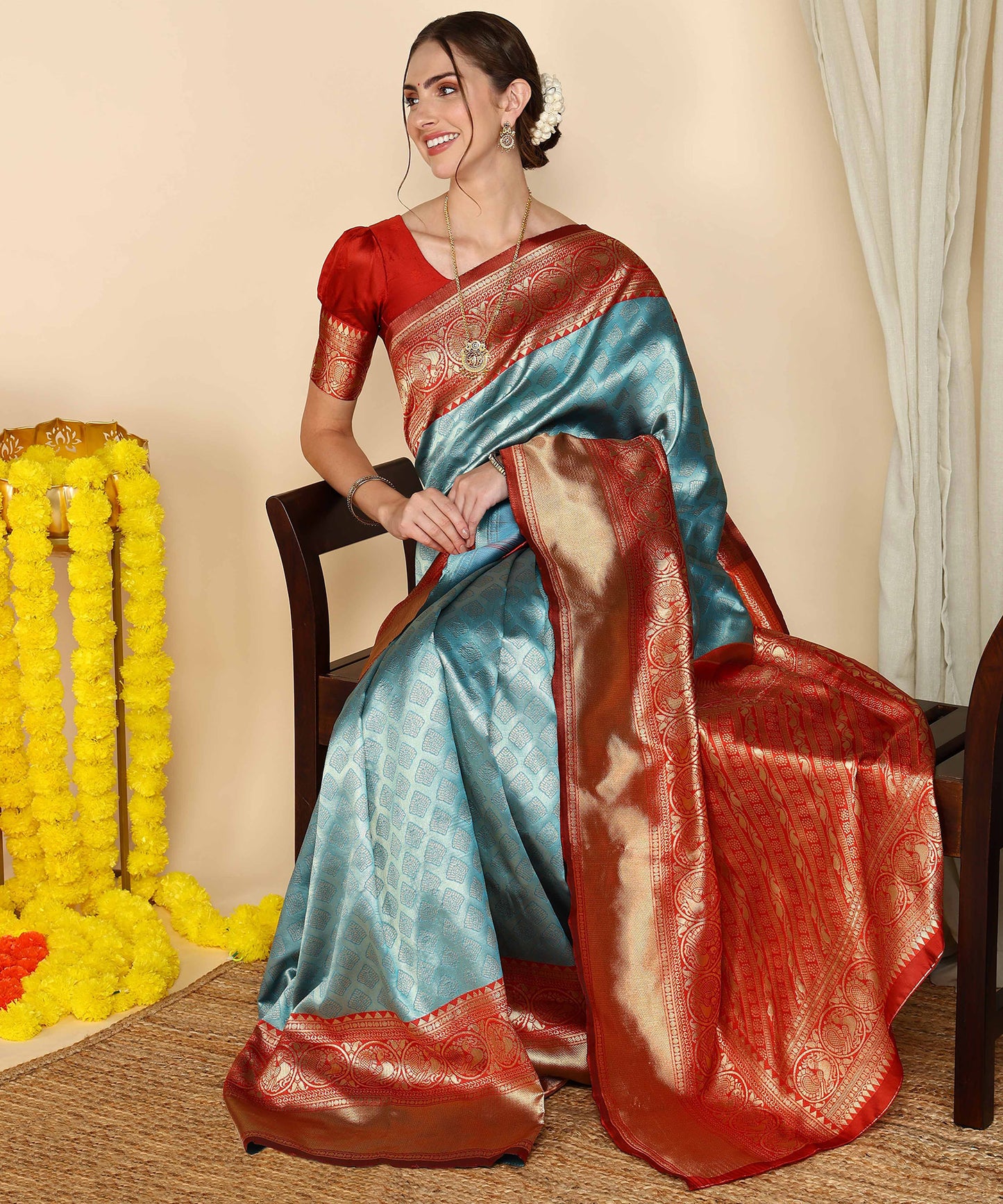 Sky Red Pure Soft Silk Saree With Engrossing Blouse Piece