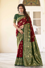 Maroon Green Pure Soft Silk Saree With Engrossing Blouse Piece