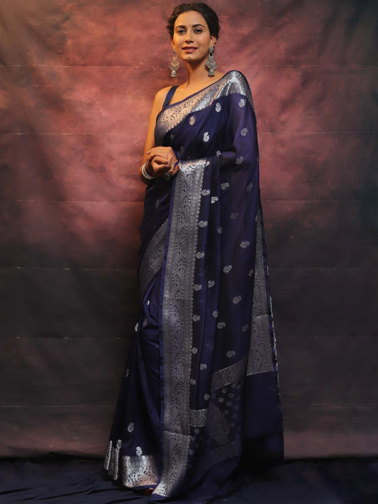 Navy Blue Combination Pure Soft Semi Silk Saree With Attractive Blouse Piece