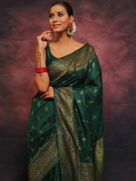 Green Banarasi Pure Soft Semi Silk Saree With Unstiched Attractive Blouse Piece