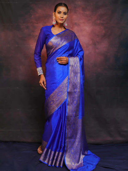 Royal Blue Banarasi Pure Soft Semi Silk Saree With Unstiched Attractive Blouse Piece