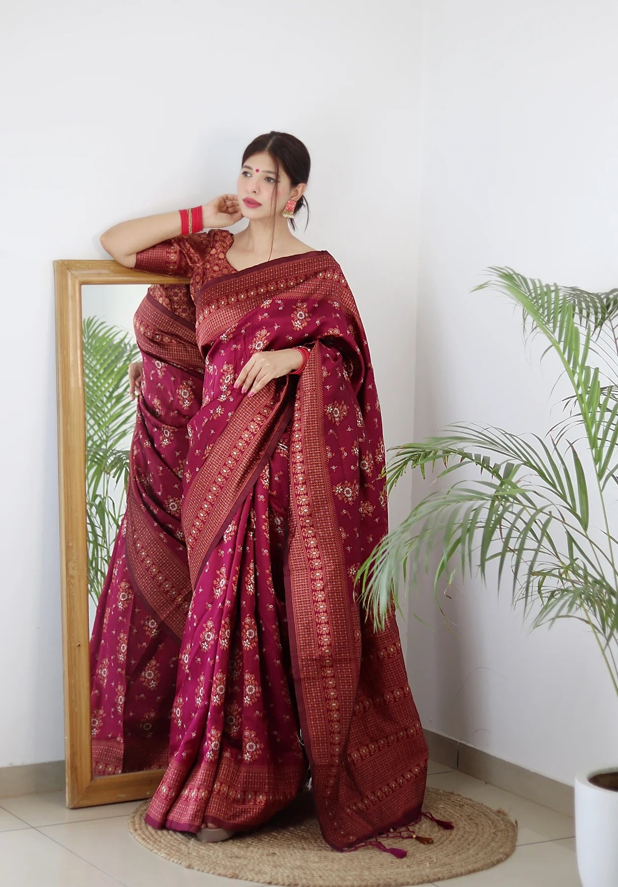 Wine Kanjivaram Pure Soft Semi Silk Saree With Unstiched Attractive Blouse Piece