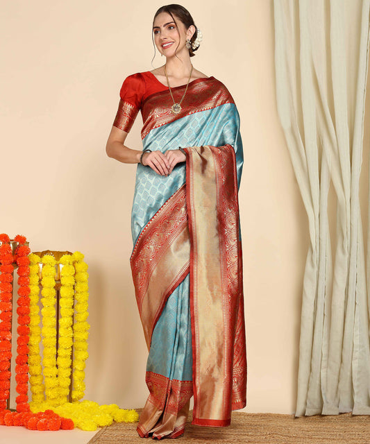 Sky Red Pure Soft Silk Saree With Engrossing Blouse Piece